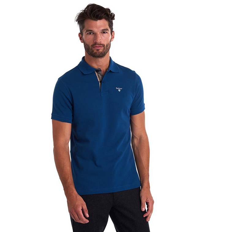 Men's Barbour Tartanshirt Pique Polo shirts Blue | LNPCHD-298