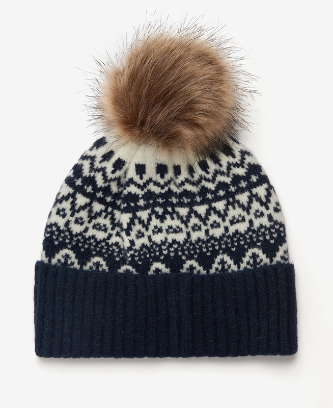 Women's Barbour Beanie Alpine Fair Isle Pom Hats Navy | NEWOML-531