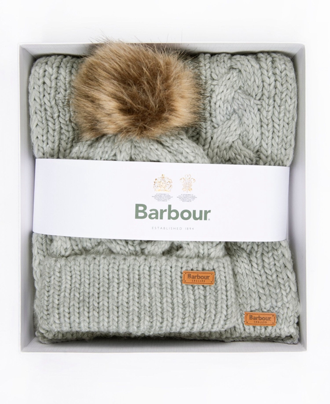 Women's Barbour Penshaw Beanie & Scarf Set Hats Grey | KNCSHM-524