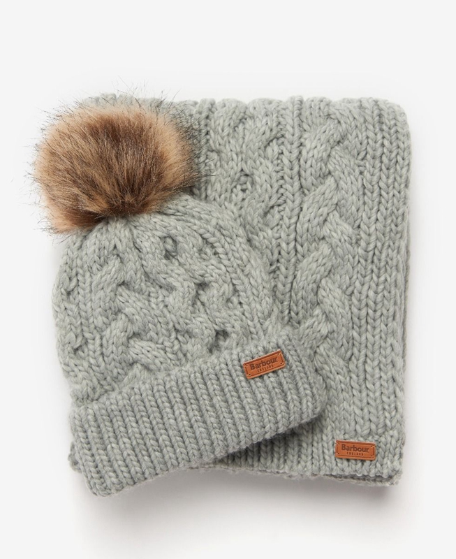 Women's Barbour Penshaw Beanie & Scarf Set Hats Grey | KNCSHM-524