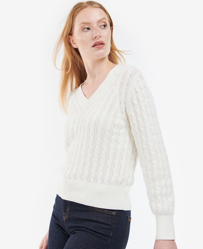 Women's Barbour Primrose Knit Sweaters White | BLZNRO-234