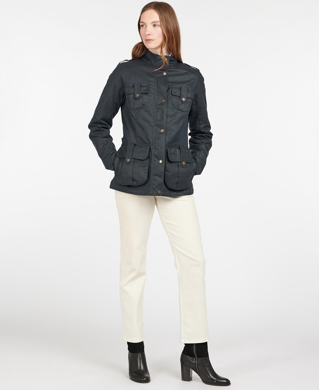 Women's Barbour Winter Defence Waxed Jackets Blue | VWUZMK-053