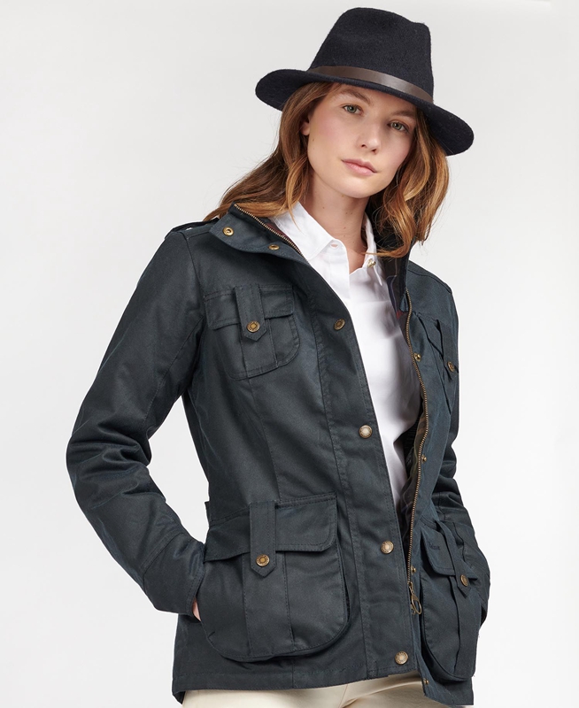 Women\'s Barbour Winter Defence Waxed Jackets Blue | VWUZMK-053